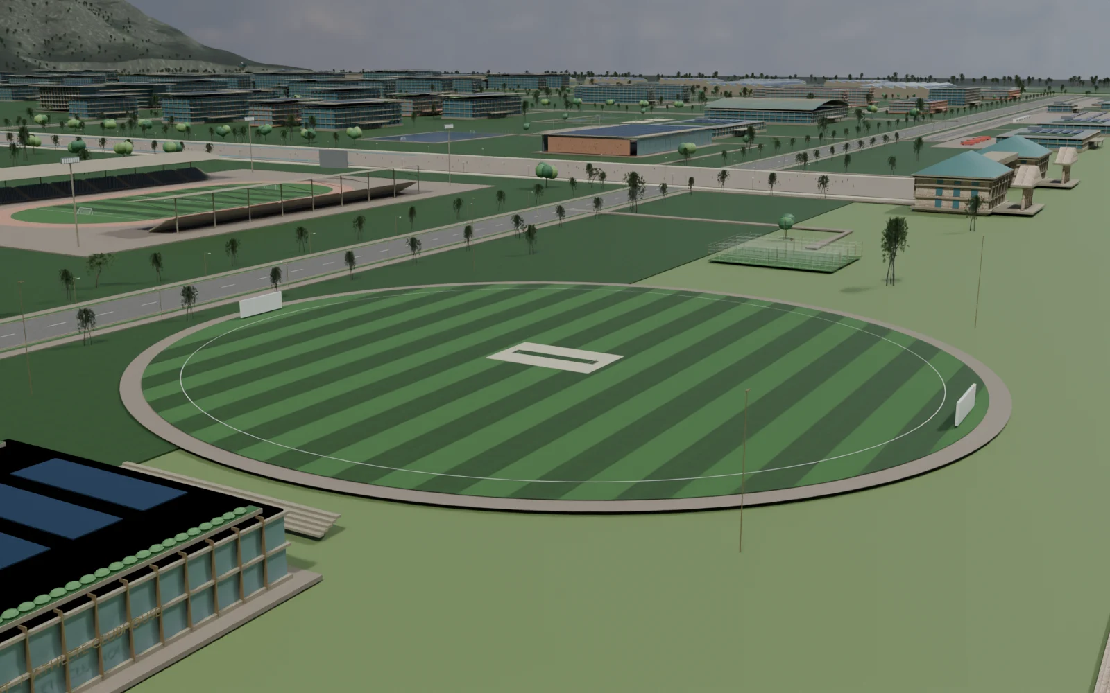 A cricket ground with its own identity — actual NeoBharat Blender model, exterior design study