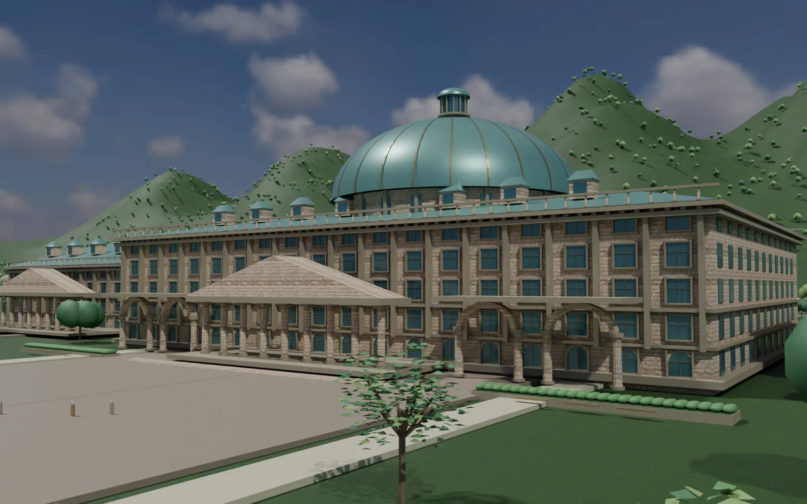 A library with civic presence — actual NeoBharat Blender model, exterior design study