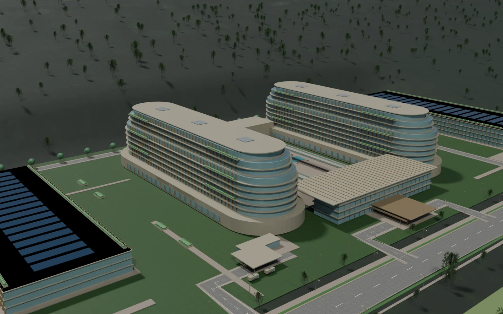 A landmark garden hospital — actual NeoBharat Blender model, exterior design study