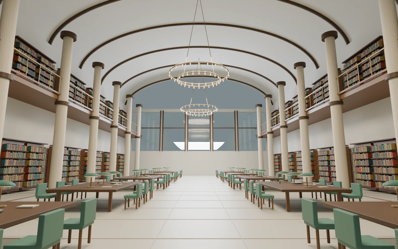 Grand Library · reading hall, actual Blender render with furniture, material finishes and modelled lighting