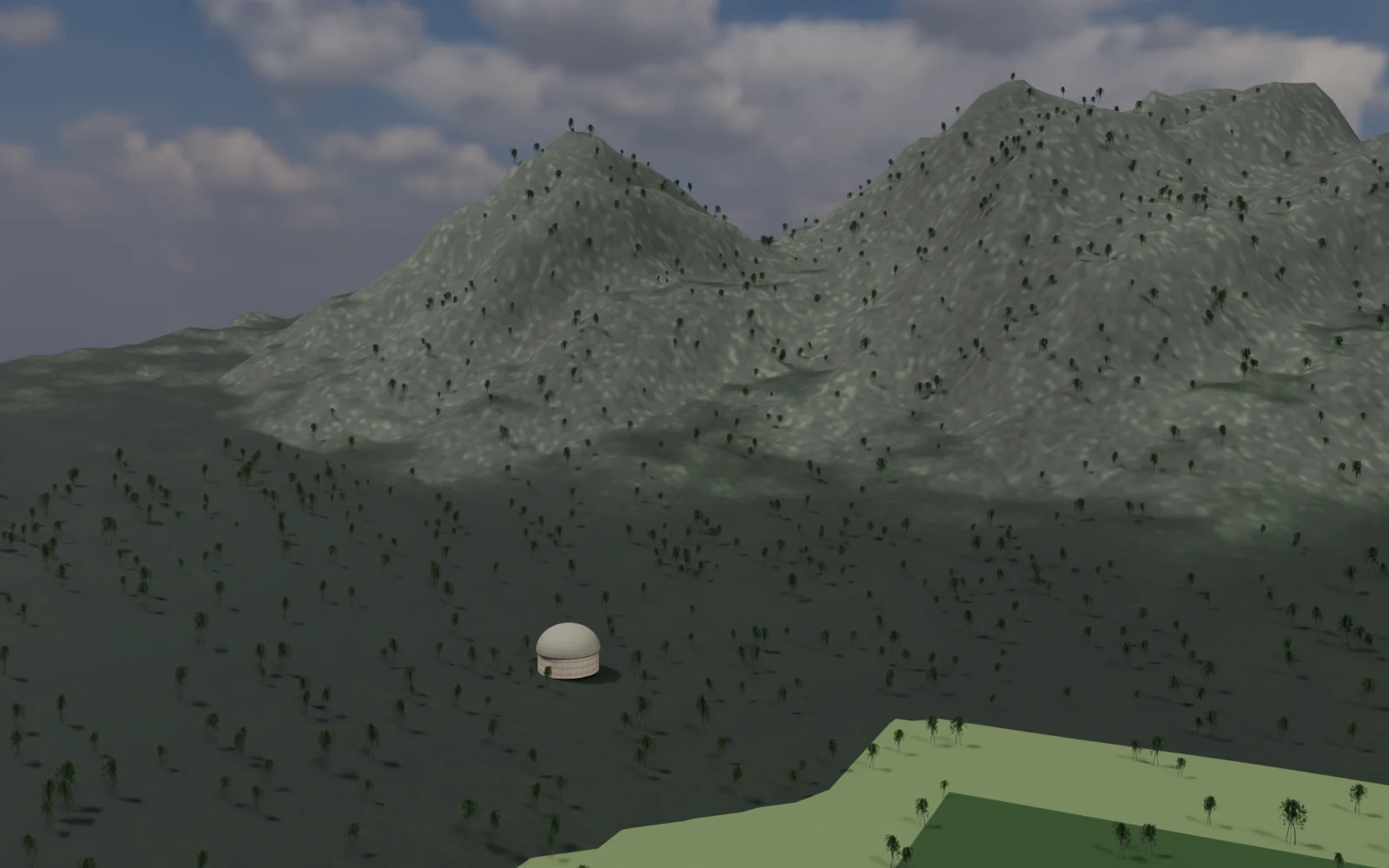 Geology beneath the greenery — actual NeoBharat Blender model, exterior design study