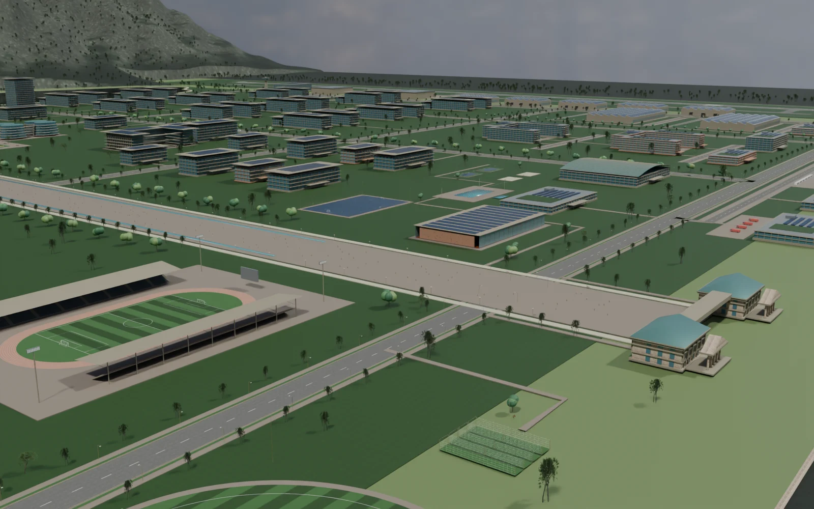 A connected sports district — actual NeoBharat Blender model, exterior design study